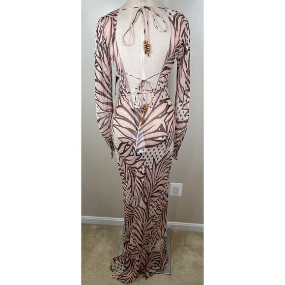 Retrofete Vienna Silk Long Sleeve Sheer Polkadot Leaves Maxi Dress Size Small - Picture 12 of 14